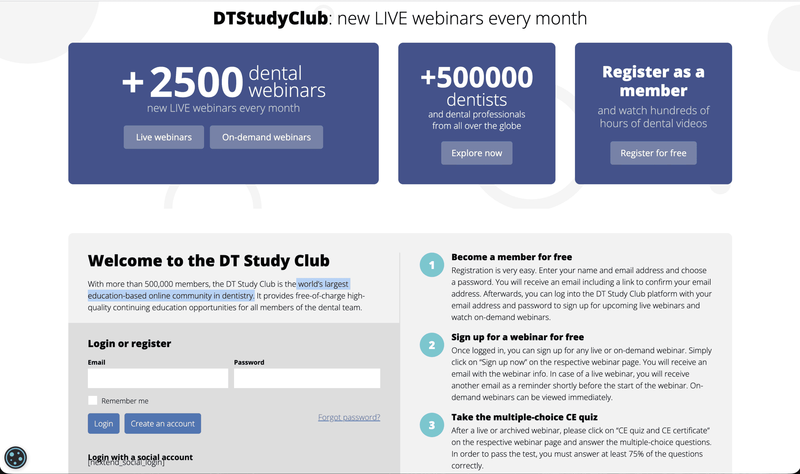 DT studyclub logo with dental webinar promotion and registration options.
