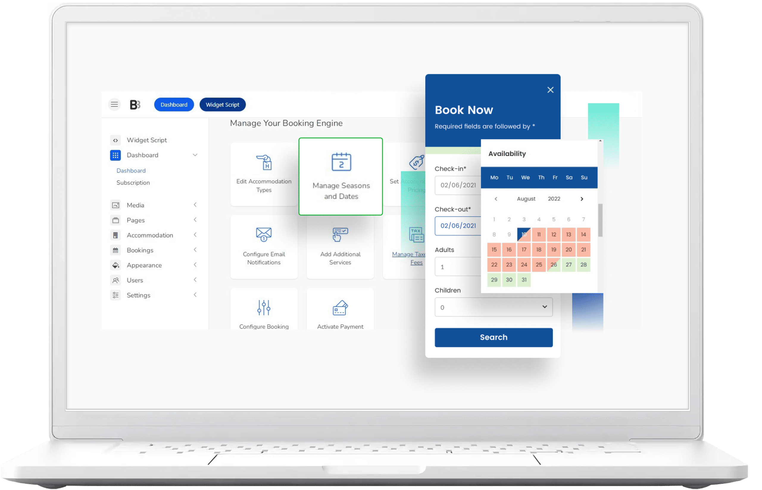 Booking engine management dashboard with calendar and reservation options.