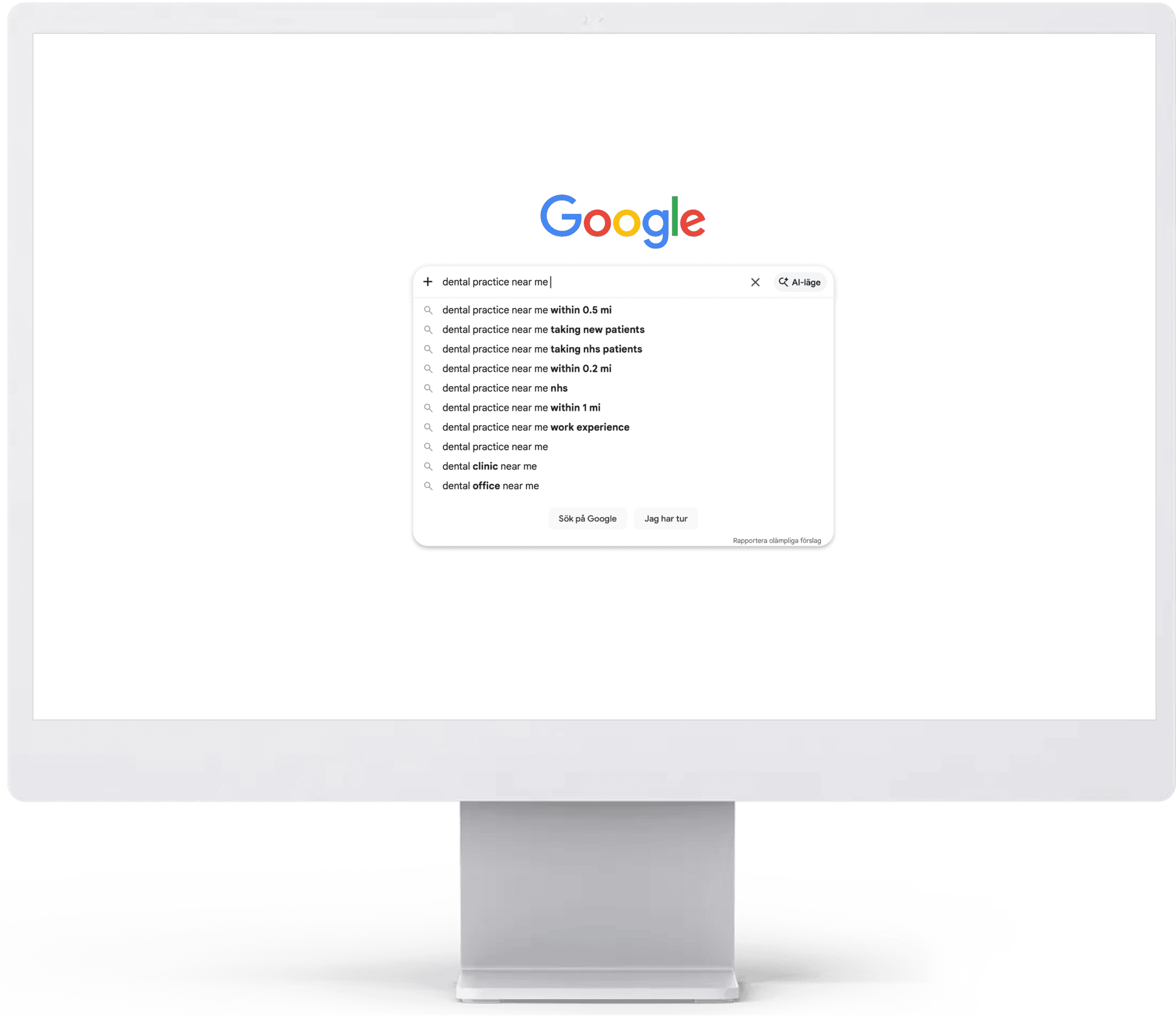 Google search for dental practice near me with autocomplete suggestions.