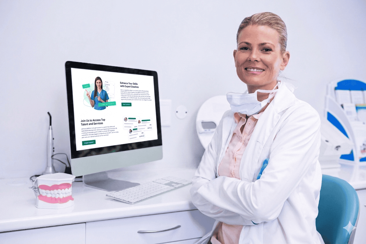 Experienced dentist in a modern dental clinic with computer and dental models.